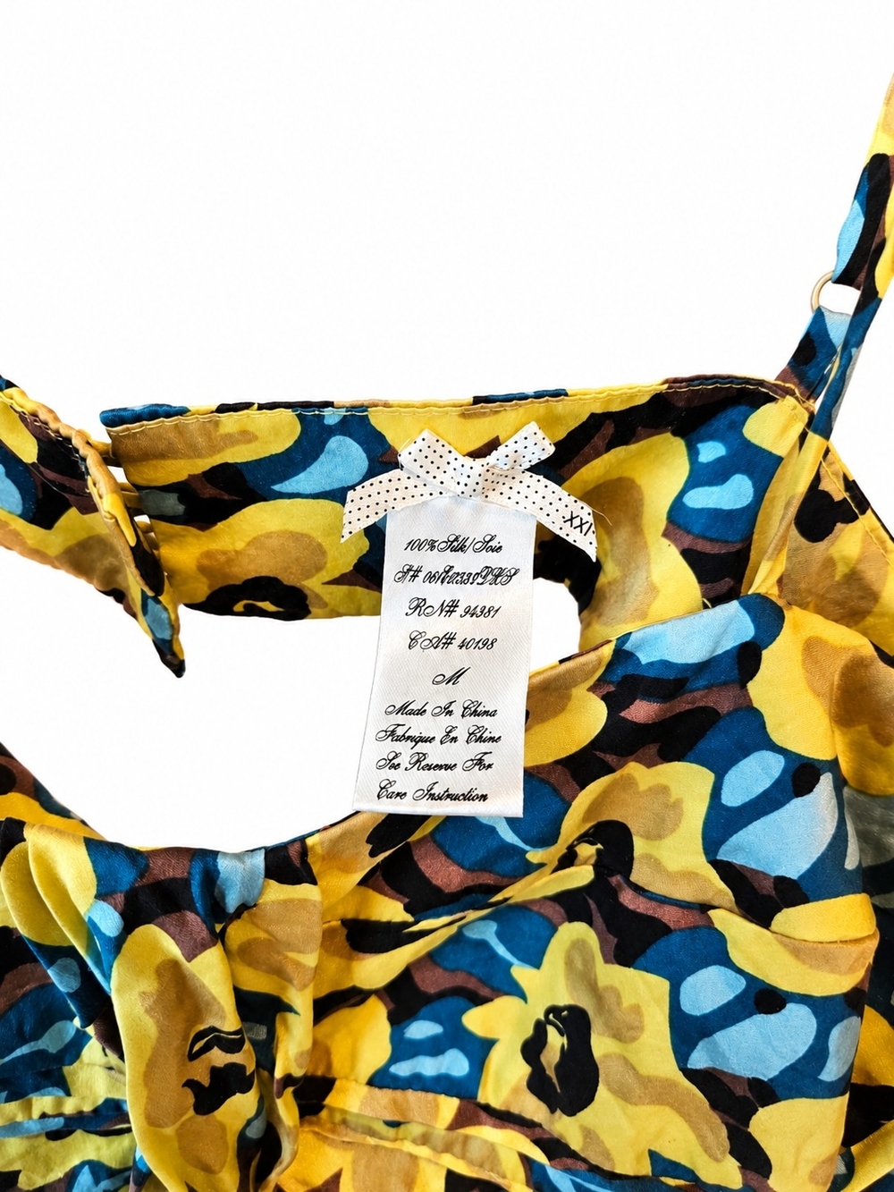 100% Silk Floral Camisole Top Yellow Blue Cutout Back Size M - Picture 7 of 7
